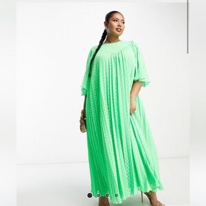 ASOS Curve textured pleated midi dress with V detail in green